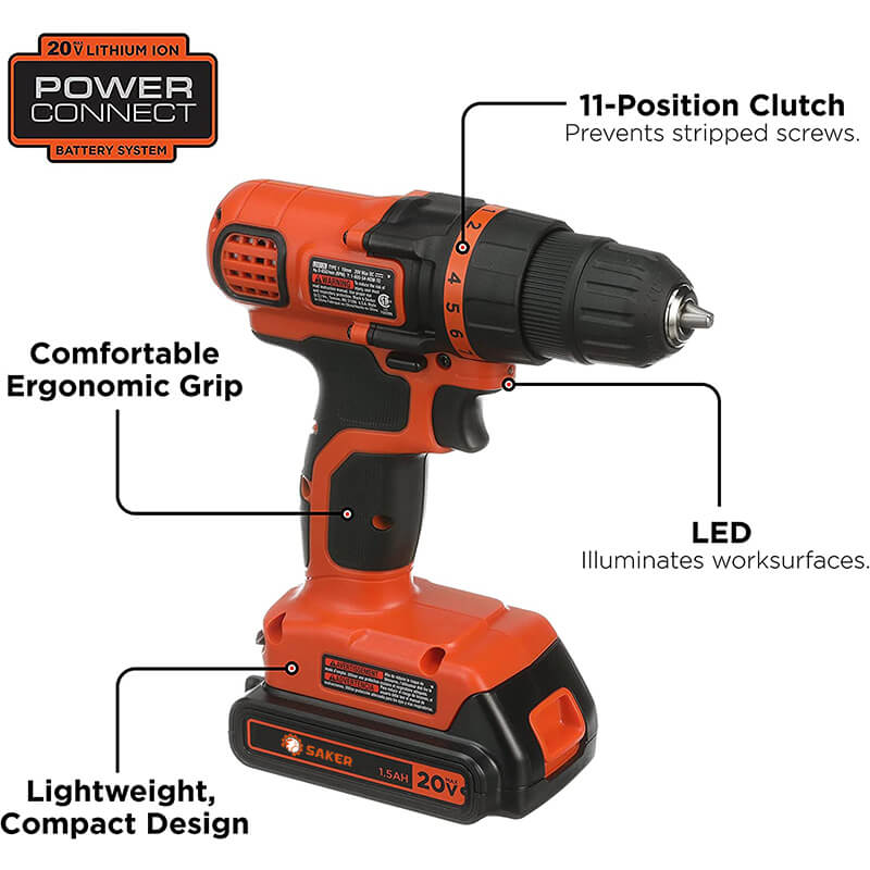 Saker® 20V Max Drill & Home Tool Kit, 68 Piece (LDX120PK)